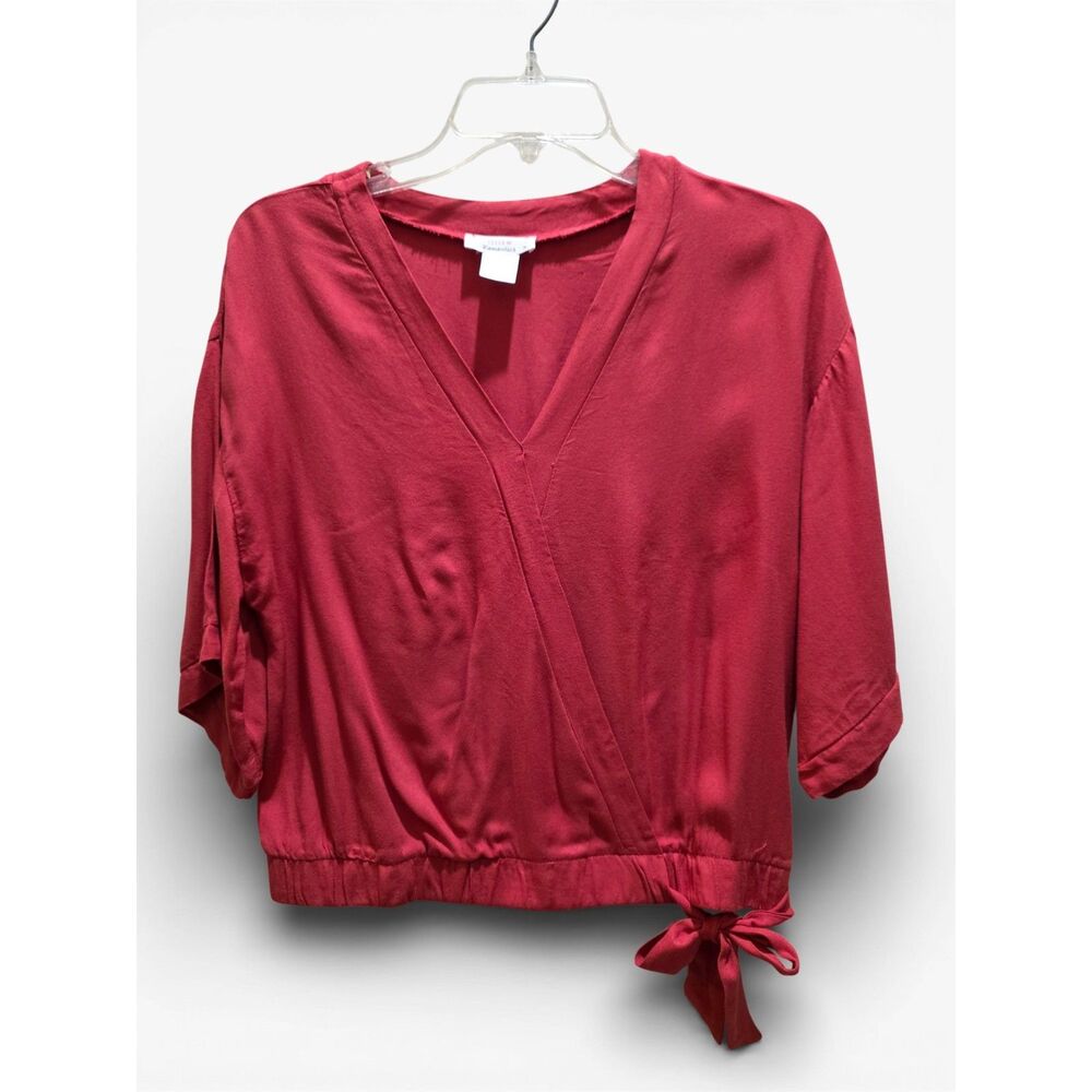 Women’s Burgundy Wrap Front Top | Short Sleeve Tie Waist Blouse | Medium - Picture 6 of 14